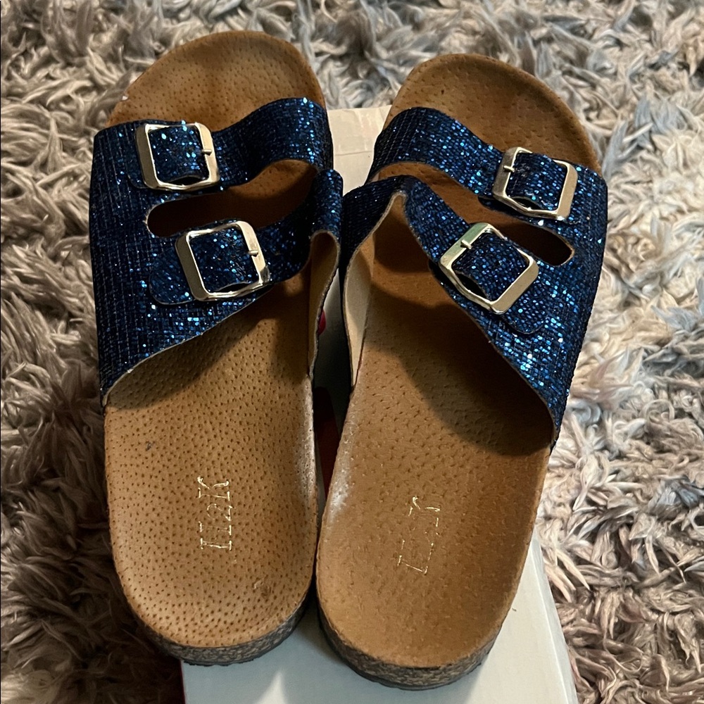 Women's Navy Sparkle Double-Buckle Slide Sandals - Picture 2 of 3